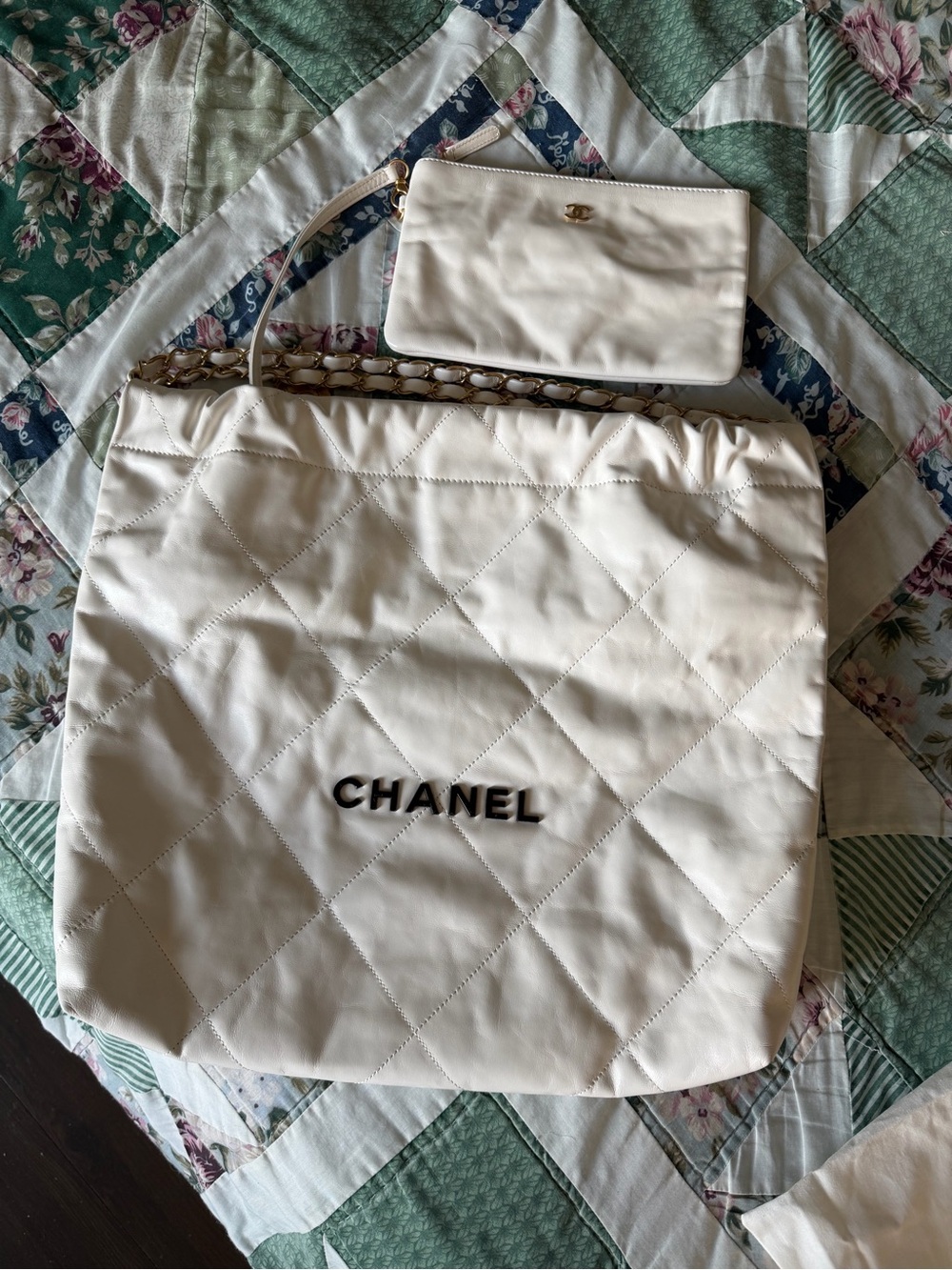 CHANEL Cream Quilted Leather Tote with Chain Strap